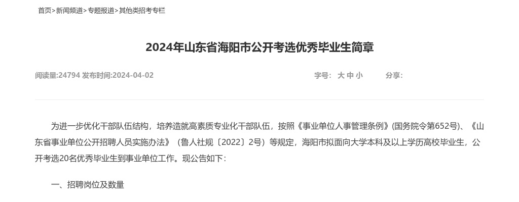 2024年烟台海阳市公开考选优秀毕业生简章（20人） 图片